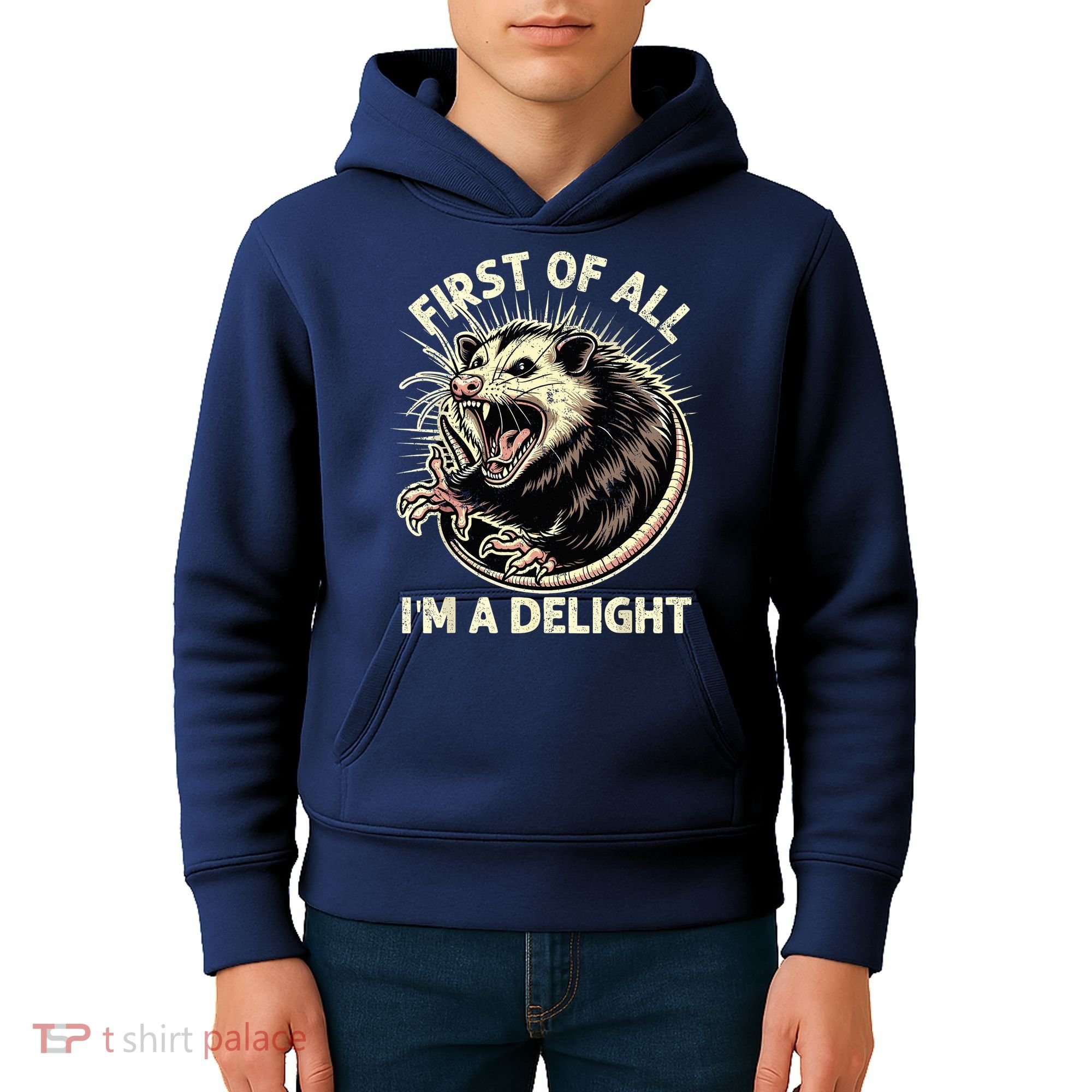 First Of All IM A Delight Sarcastic Possum Angry Opossum Kids Hoodie