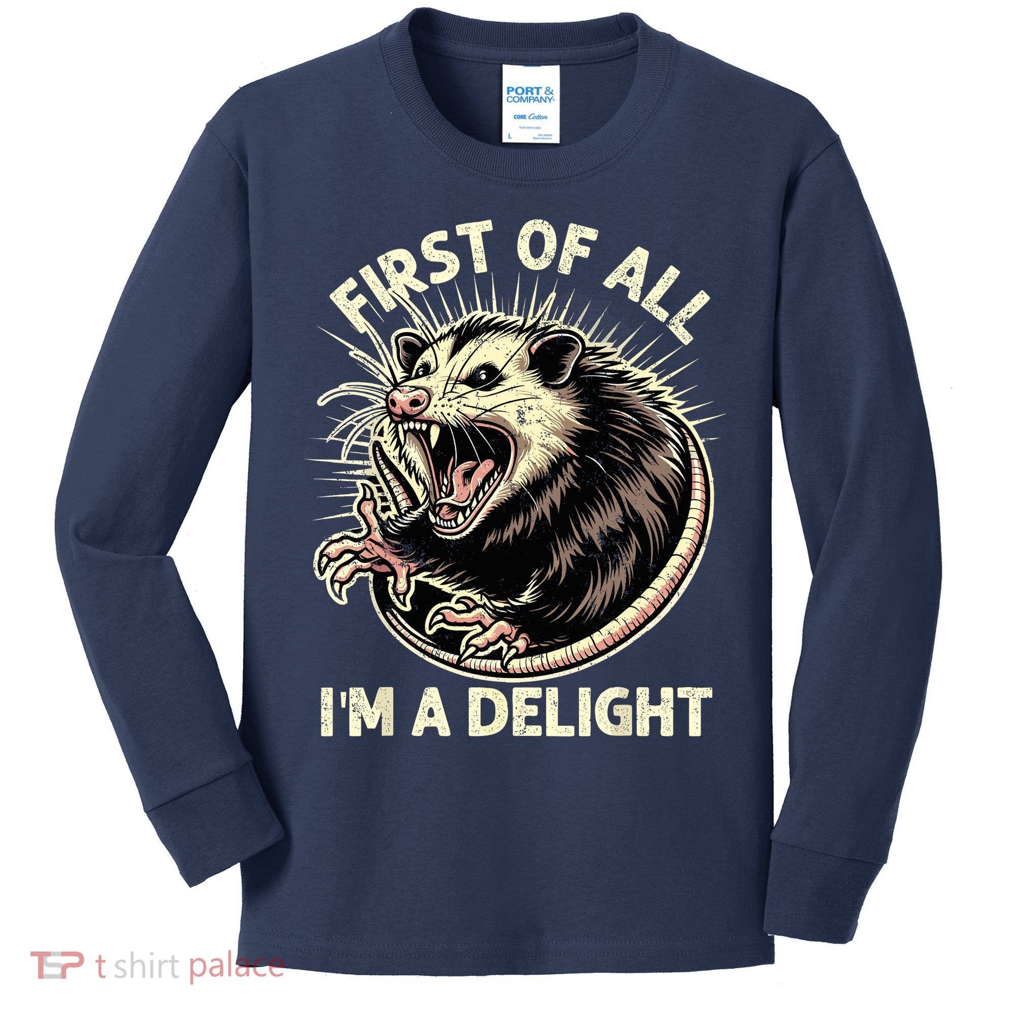 First Of All IM A Delight Sarcastic Possum Angry Opossum Kids Long Sleeve Shirt