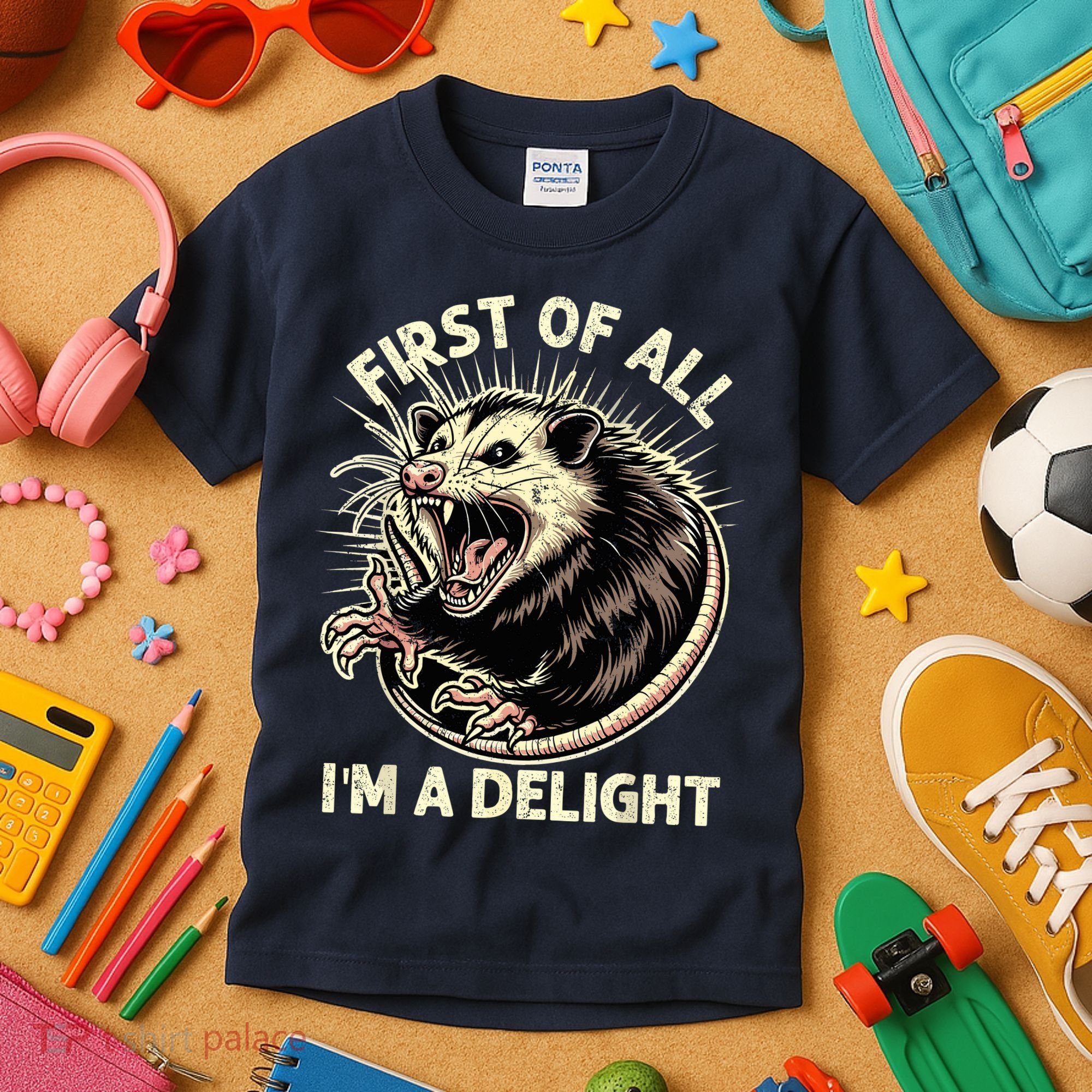 First Of All IM A Delight Sarcastic Possum Angry Opossum Kids T-Shirt
