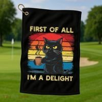 First Of All IM A Delight Sarcastic Angry Cat Coffee Retro Golf Towel thumb 1