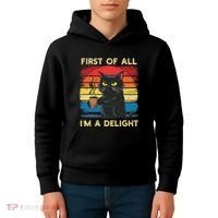 First Of All IM A Delight Sarcastic Angry Cat Coffee Retro Kids Hoodie thumb 4