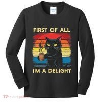 First Of All IM A Delight Sarcastic Angry Cat Coffee Retro Kids Long Sleeve Shirt thumb 0