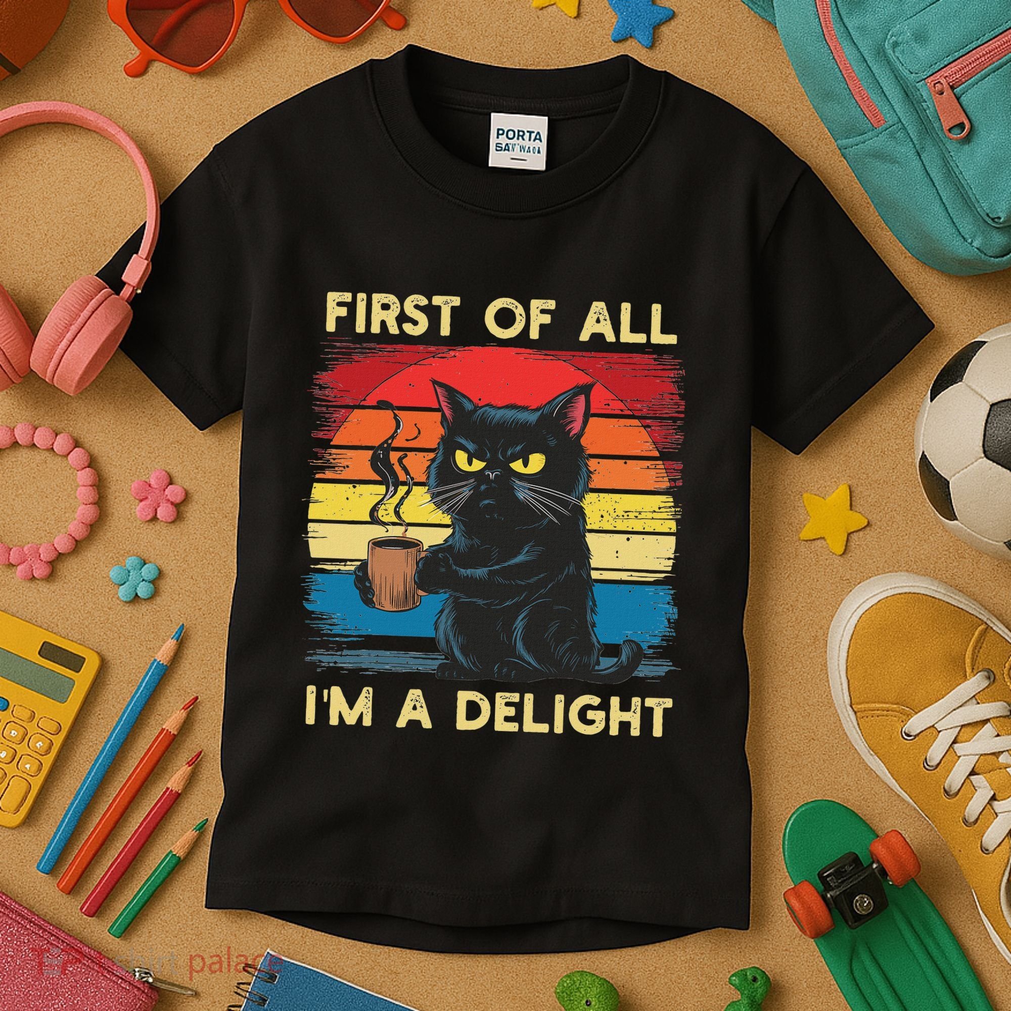 First Of All IM A Delight Sarcastic Angry Cat Coffee Retro Kids T-Shirt
