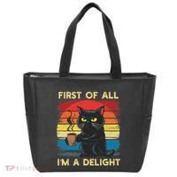 First Of All IM A Delight Sarcastic Angry Cat Coffee Retro Tote Bag thumb 0
