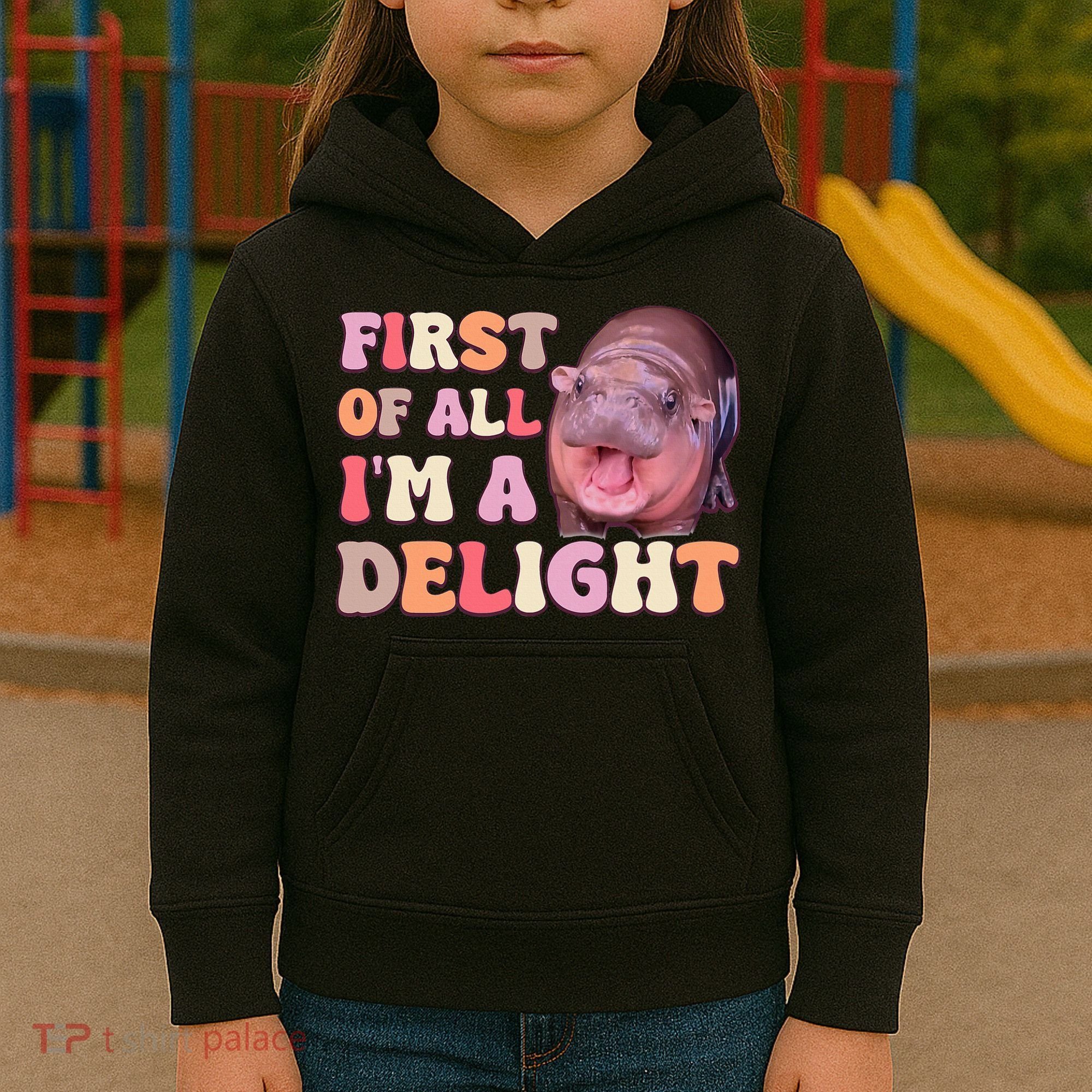 First Of All IM A Delight Moodeng Funny Meme Saying Kids Hoodie