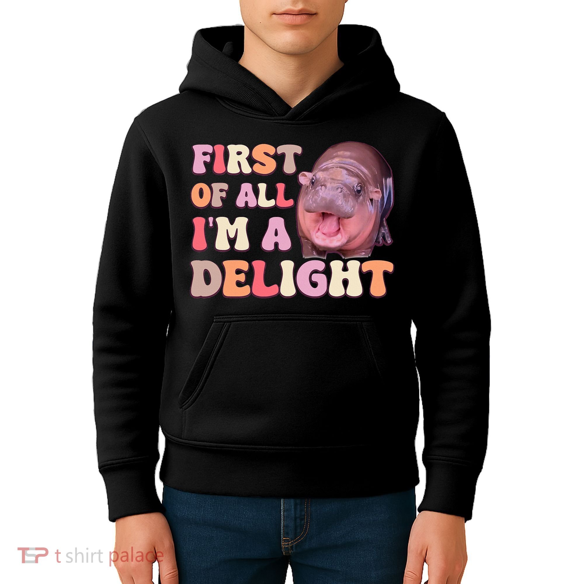 First Of All IM A Delight Moodeng Funny Meme Saying Kids Hoodie