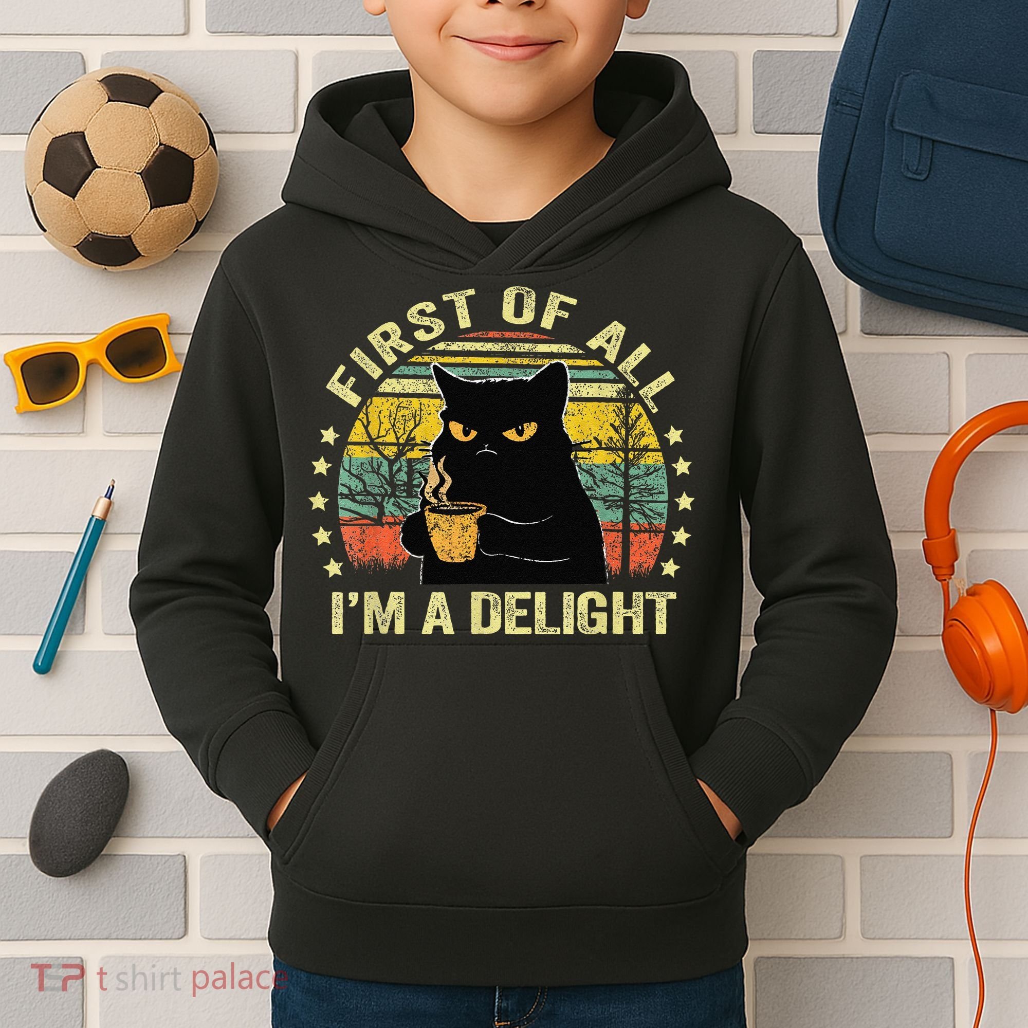 First Of All IM A Delight Sarcastic Angry Cat Coffee Lover Gift Kids Hoodie