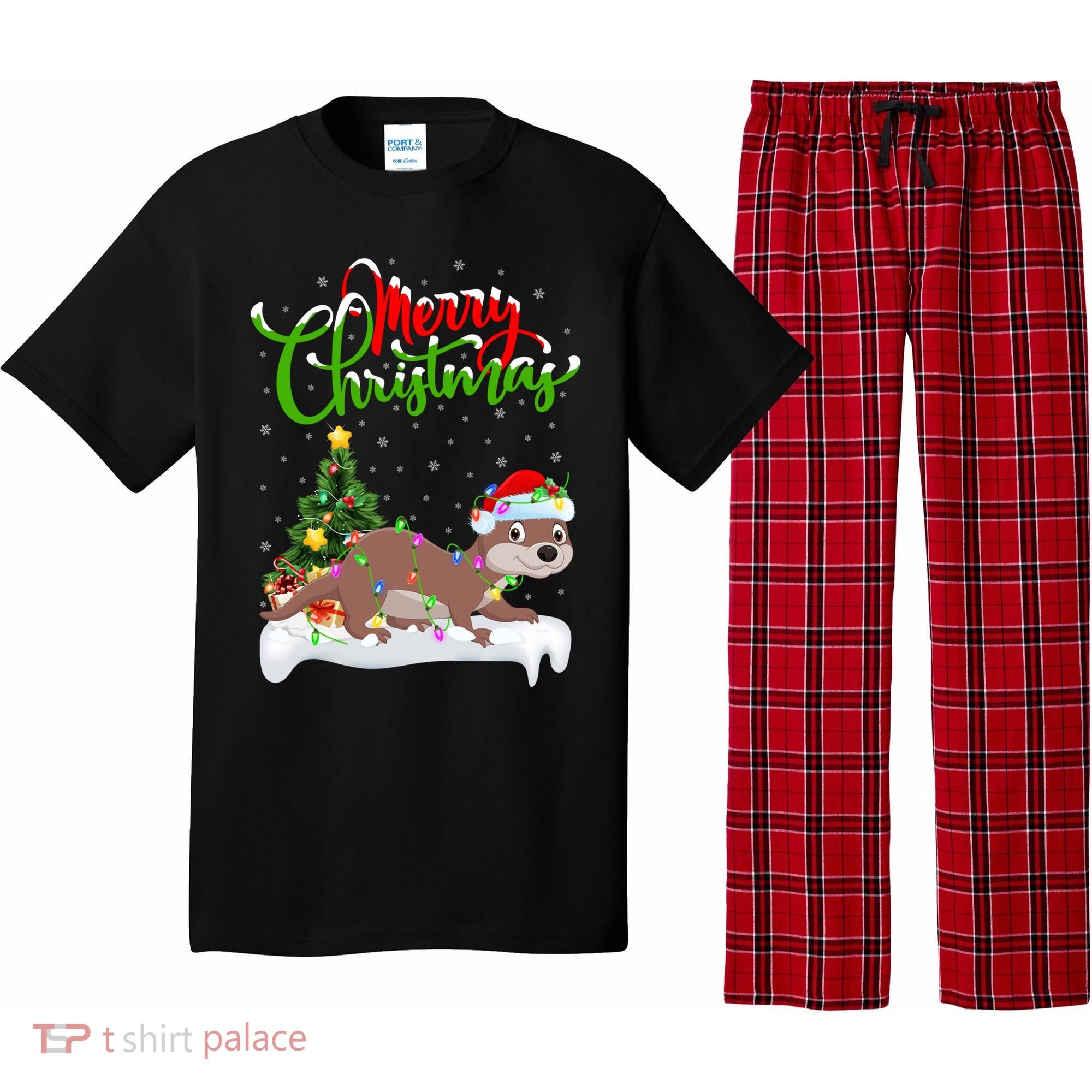 Funny Otter Animal Lover Xmas Lighting Otter Christmas Funny Gift Pajama Set