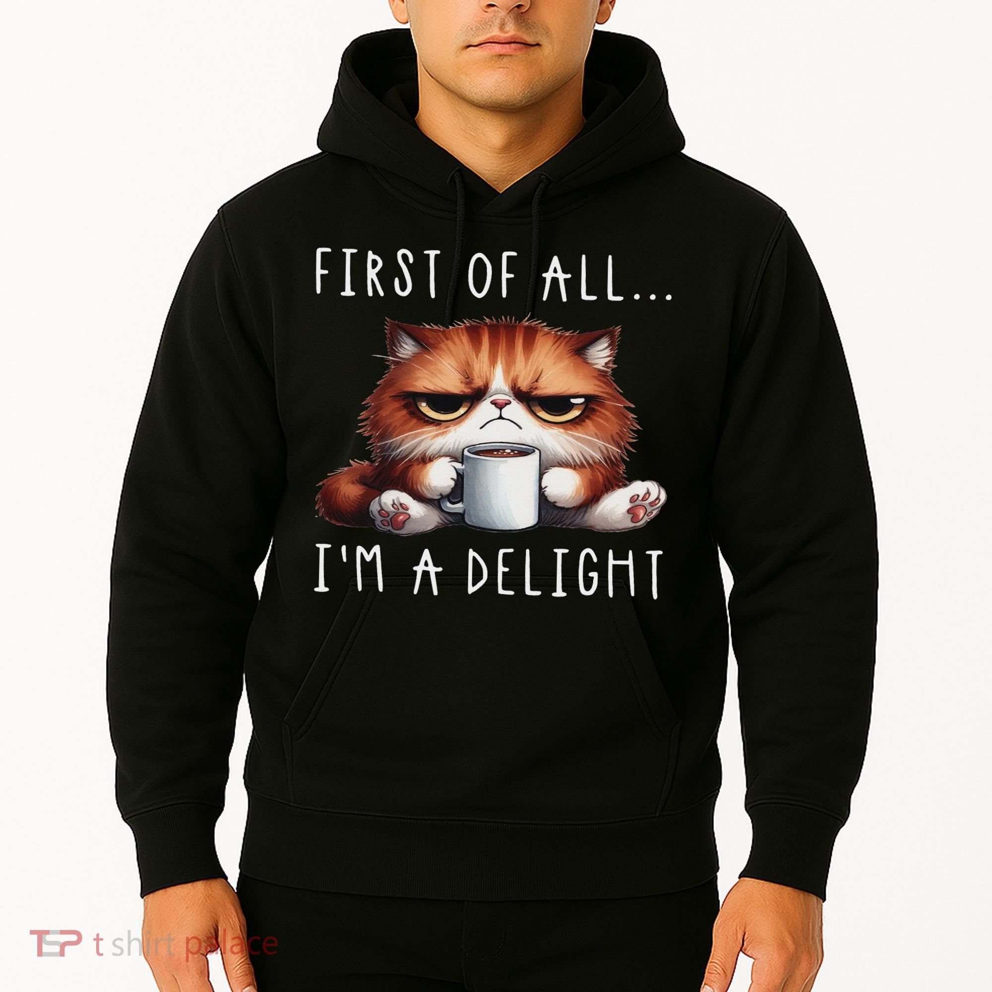 First Of All I'm A Delight Sarcastic Coffee Grumpy Funny Cat Hoodie