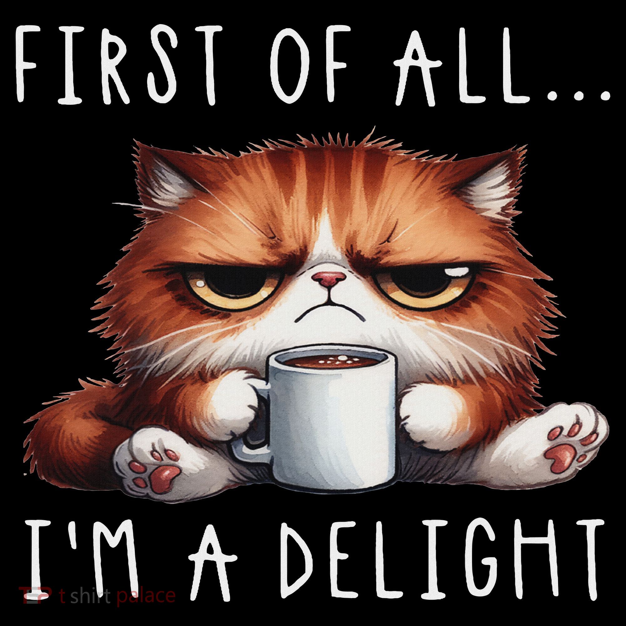 First Of All I'm A Delight Sarcastic Coffee Grumpy Funny Cat T-Shirt