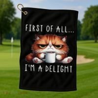 First Of All I'm A Delight Sarcastic Coffee Grumpy Funny Cat Golf Towel thumb 1