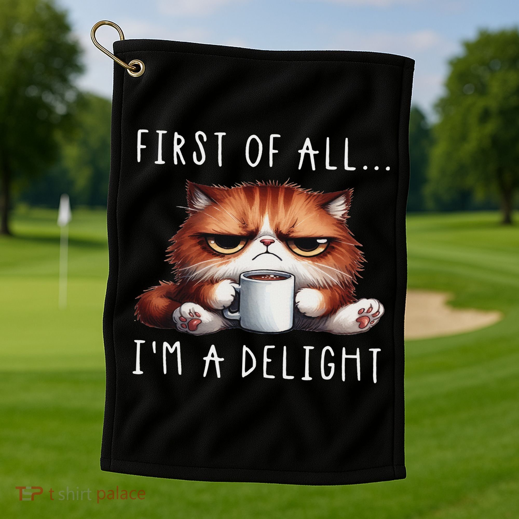 First Of All I'm A Delight Sarcastic Coffee Grumpy Funny Cat Golf Towel