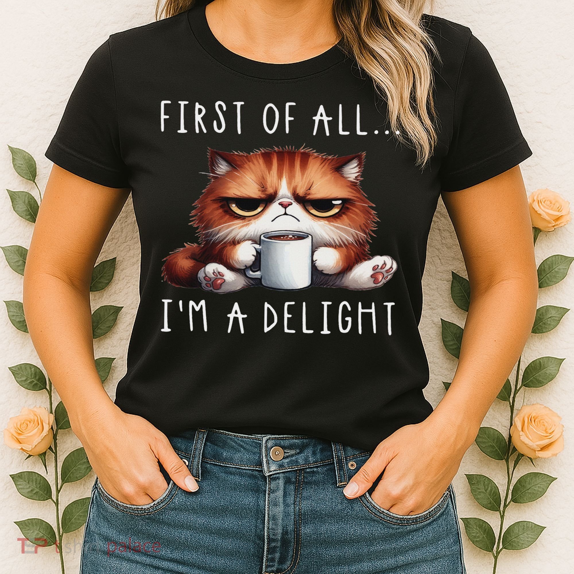 First Of All I'm A Delight Sarcastic Coffee Grumpy Funny Cat Women's T-Shirt