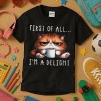 First Of All I'm A Delight Sarcastic Coffee Grumpy Funny Cat Kids T-Shirt thumb 3