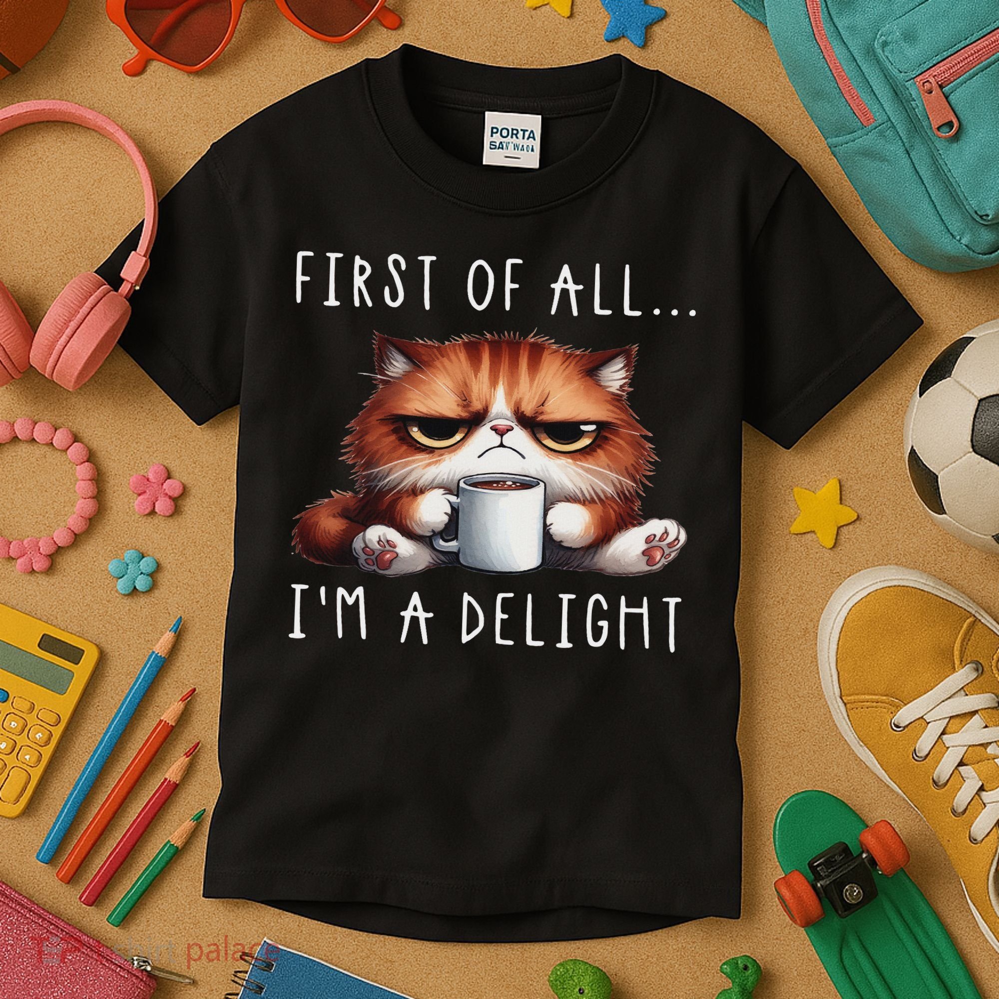 First Of All I'm A Delight Sarcastic Coffee Grumpy Funny Cat Kids T-Shirt