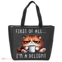 First Of All I'm A Delight Sarcastic Coffee Grumpy Funny Cat Tote Bag thumb 0