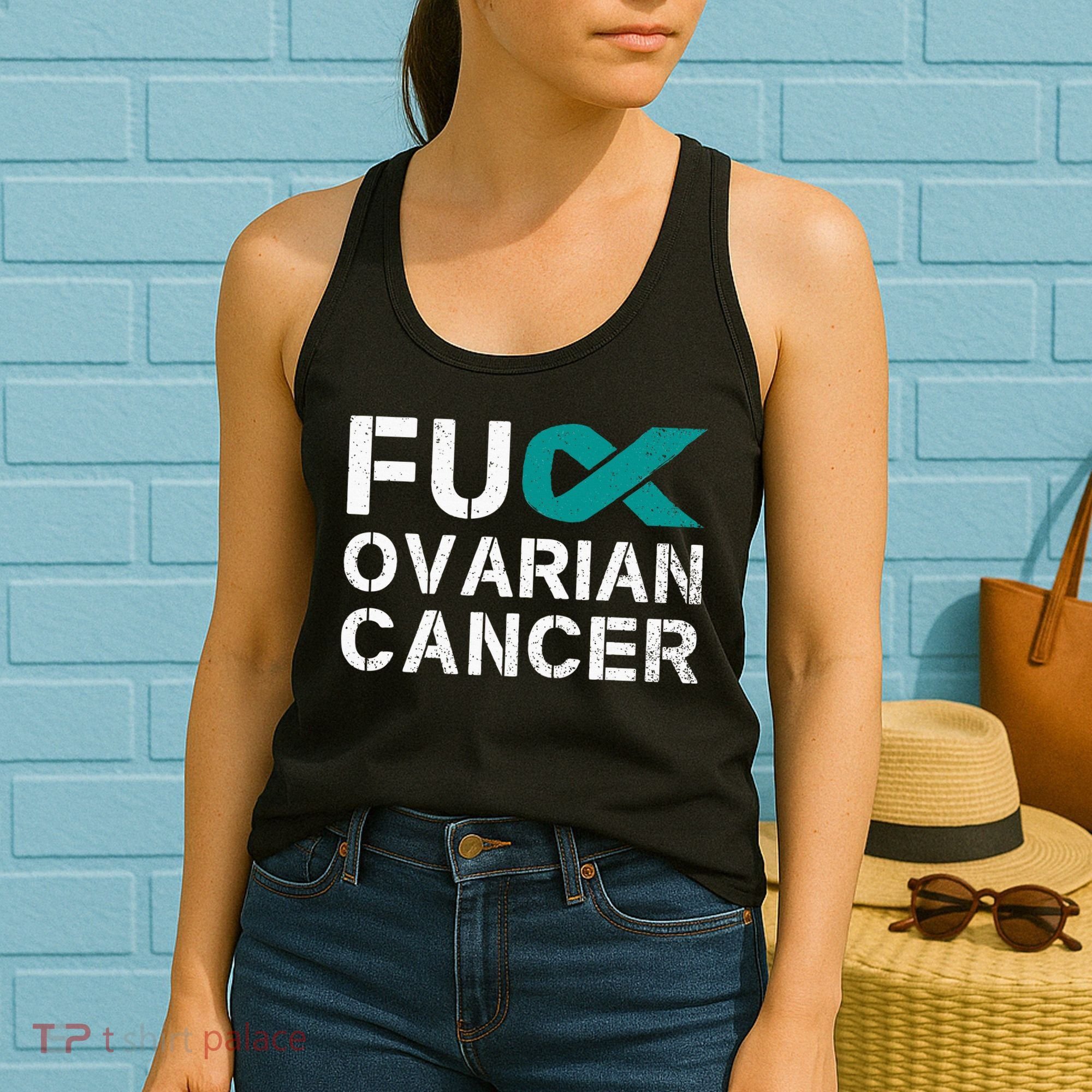 Fuck Ovarian Cancer Awareness Teal Ribbon Warrior Survivor Women's Tank Top