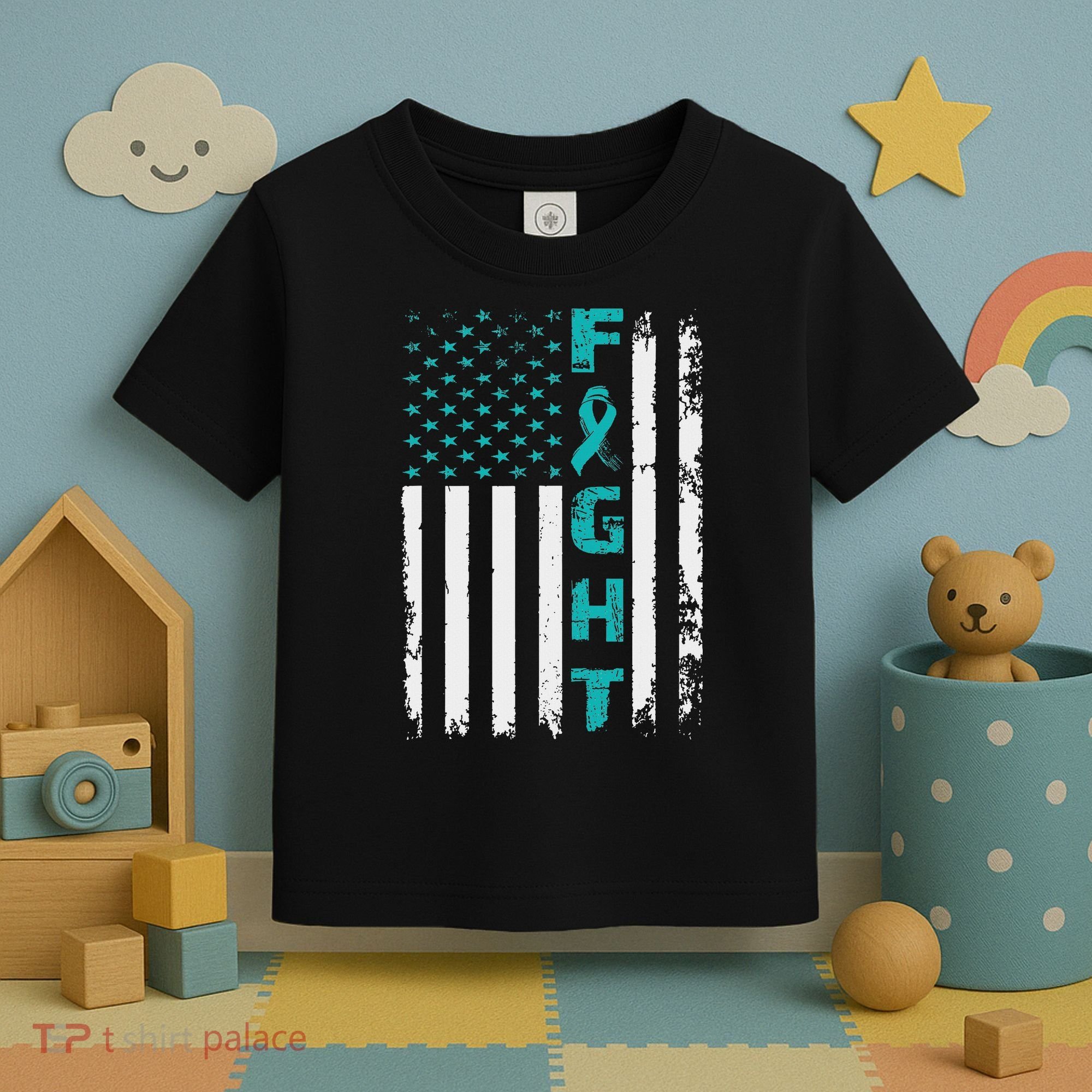 Fight Ovarian Cancer American Flag Awareness Survivor Toddler T-Shirt