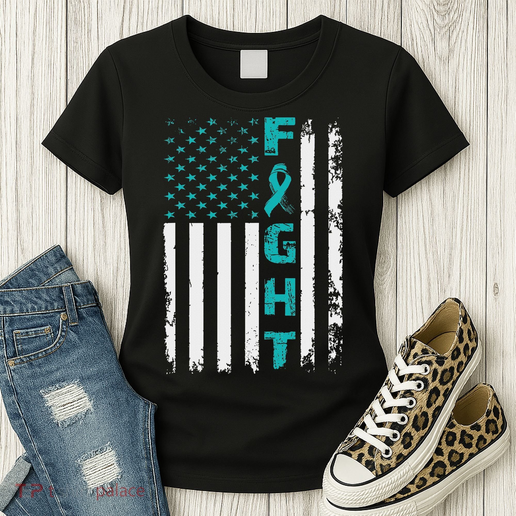 Fight Ovarian Cancer American Flag Awareness Survivor Women's T-Shirt