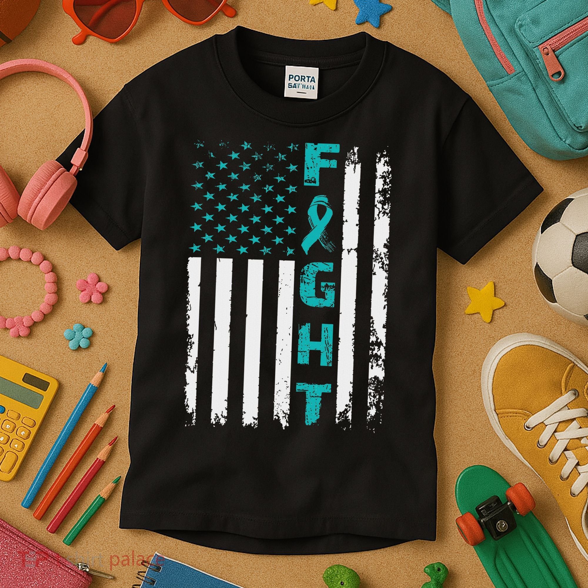 Fight Ovarian Cancer American Flag Awareness Survivor Kids T-Shirt