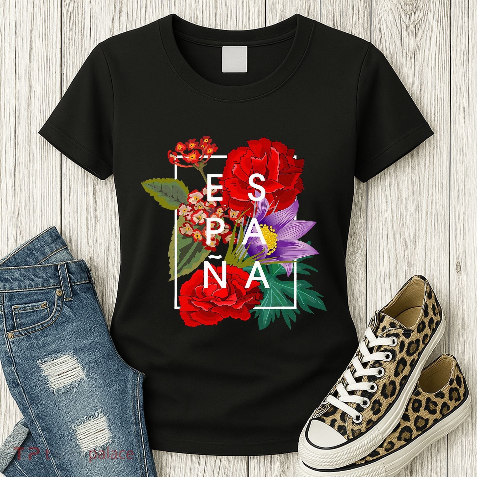 Flowers Of EspañA Spain Word Art Spanish Pride Women's T-Shirt
