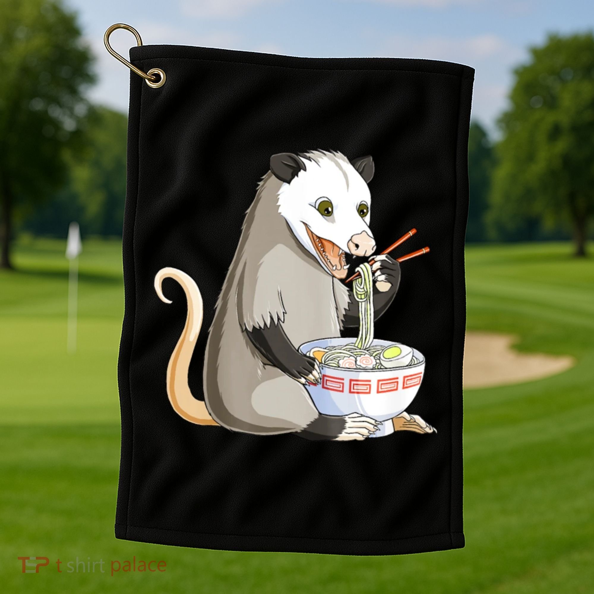 Funny Opossum Eating Ramen Golf Towel