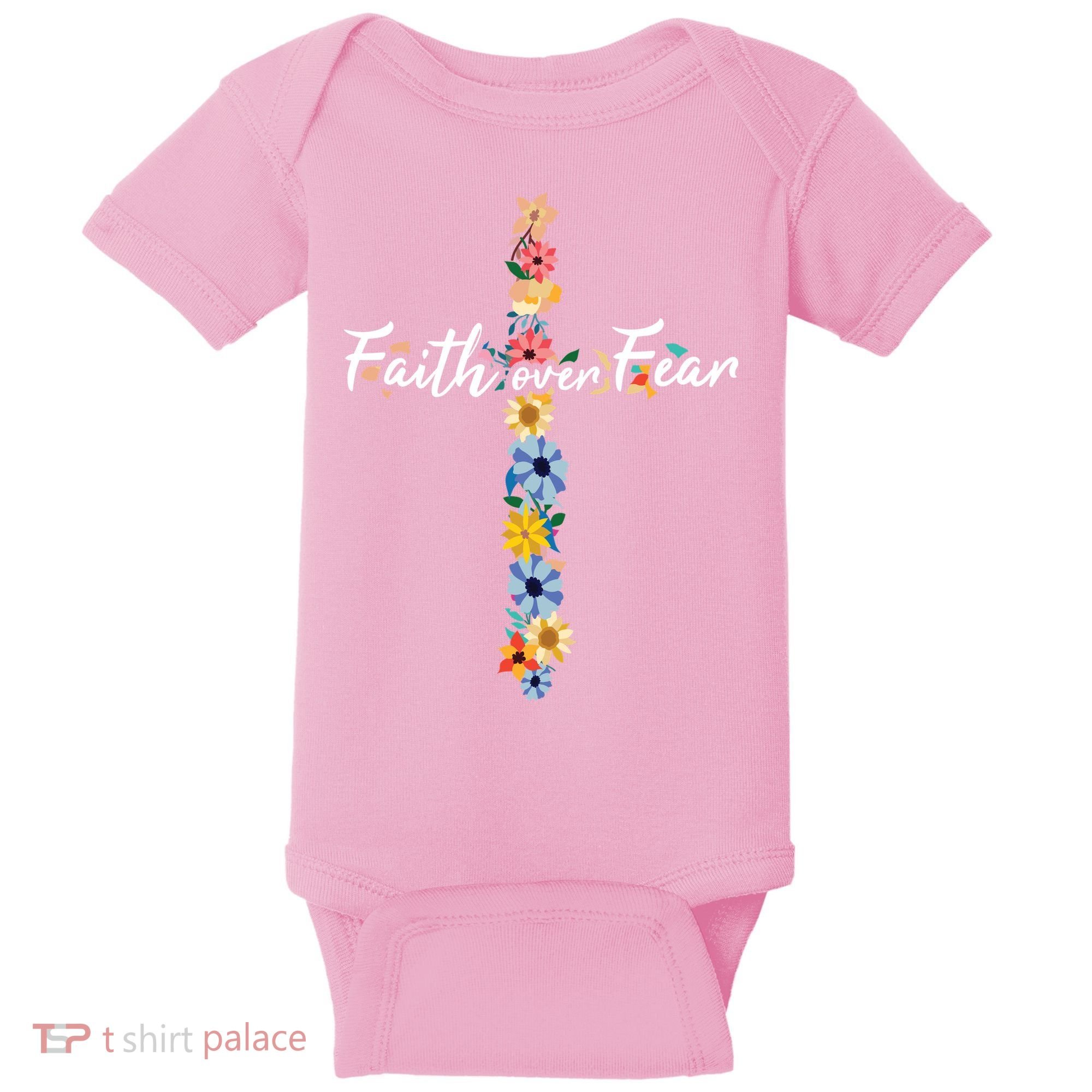 Faith Over Fear Christian Cross Flowers Baby Bodysuit