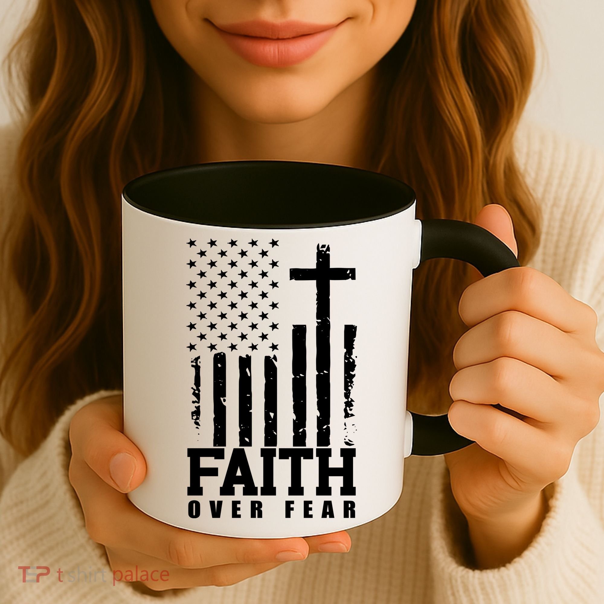 Faith Over Fear American Flag Cross Coffee Mug