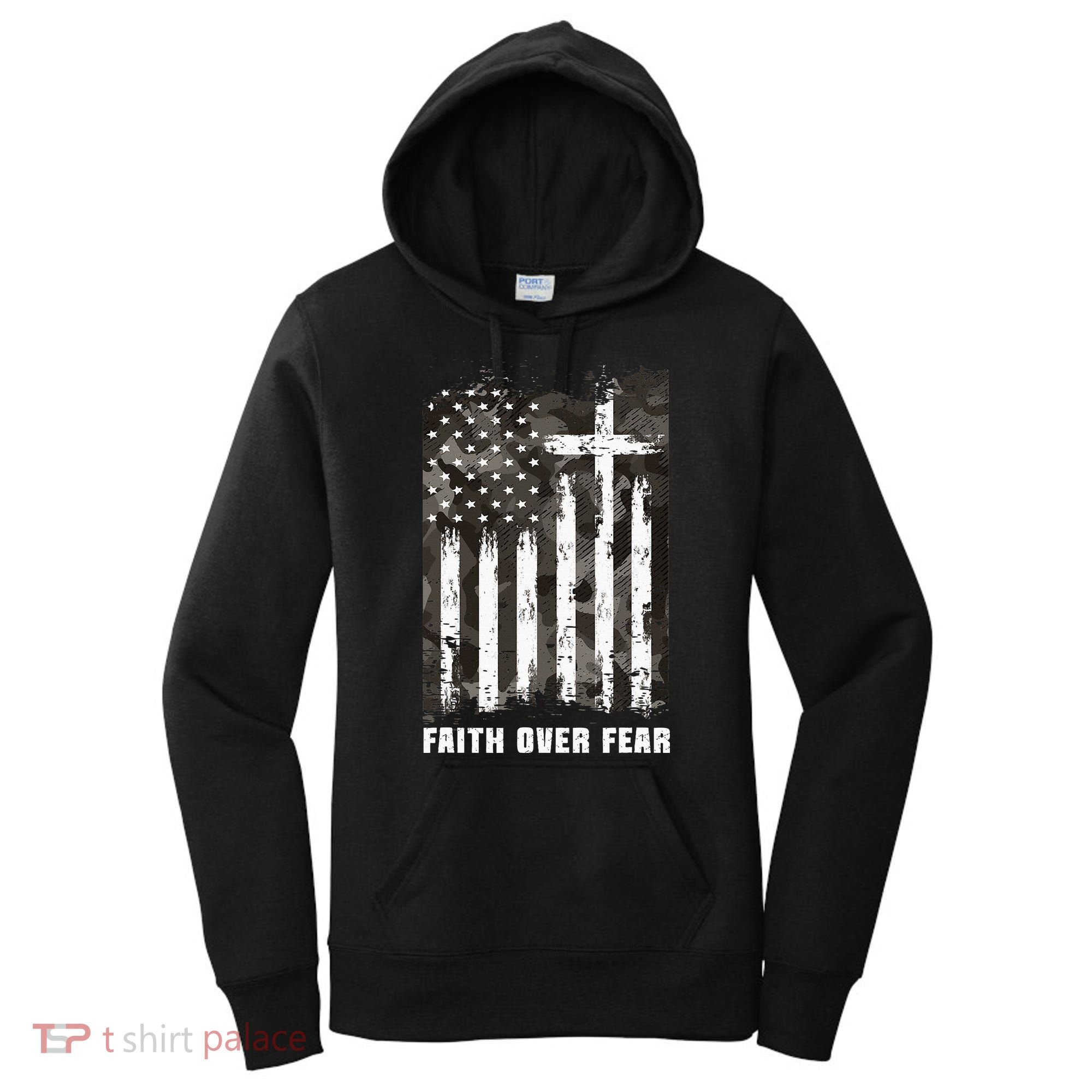 Faith Over Fear Christian Cross Camouflage American Flag Women's Hoodie
