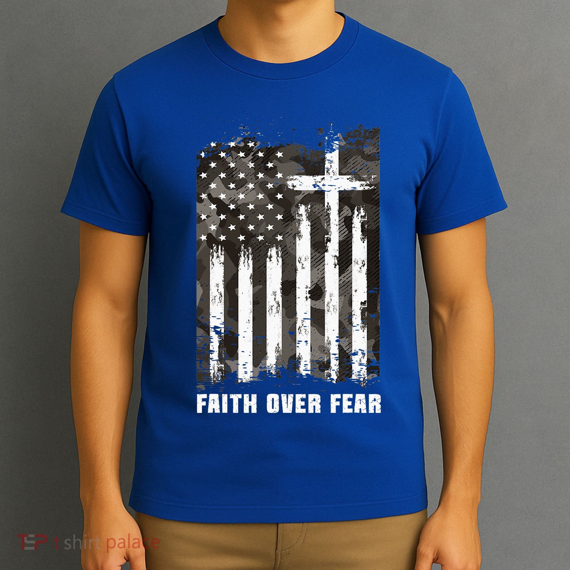 Faith Over Fear Christian Cross Camouflage American Flag T-Shirt
