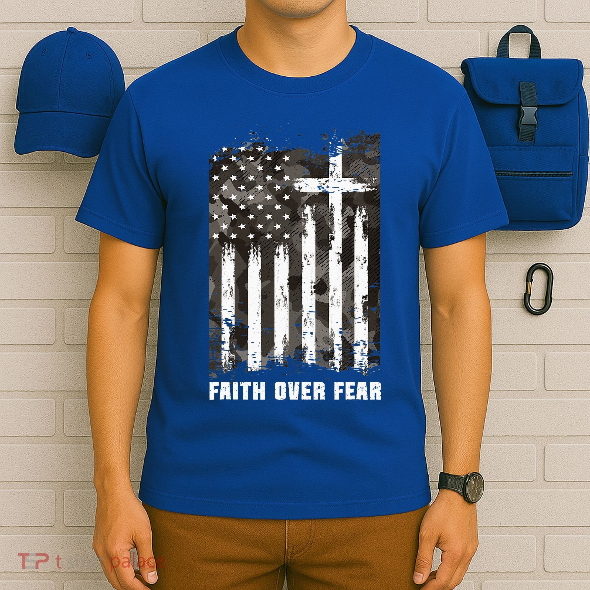 Faith Over Fear Christian Cross Camouflage American Flag T-Shirt