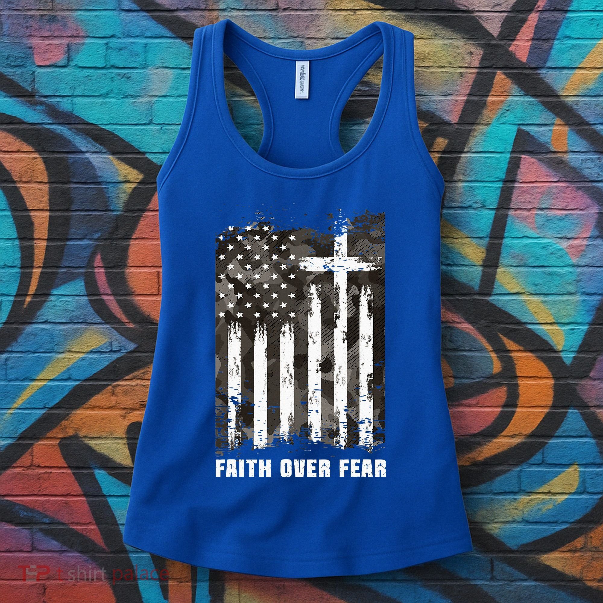 Faith Over Fear Christian Cross Camouflage American Flag Women's Tank Top