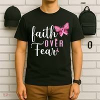 Faith Over Fear Fighter Breast Cancer Awareness Pink Ribbon T-Shirt thumb 6