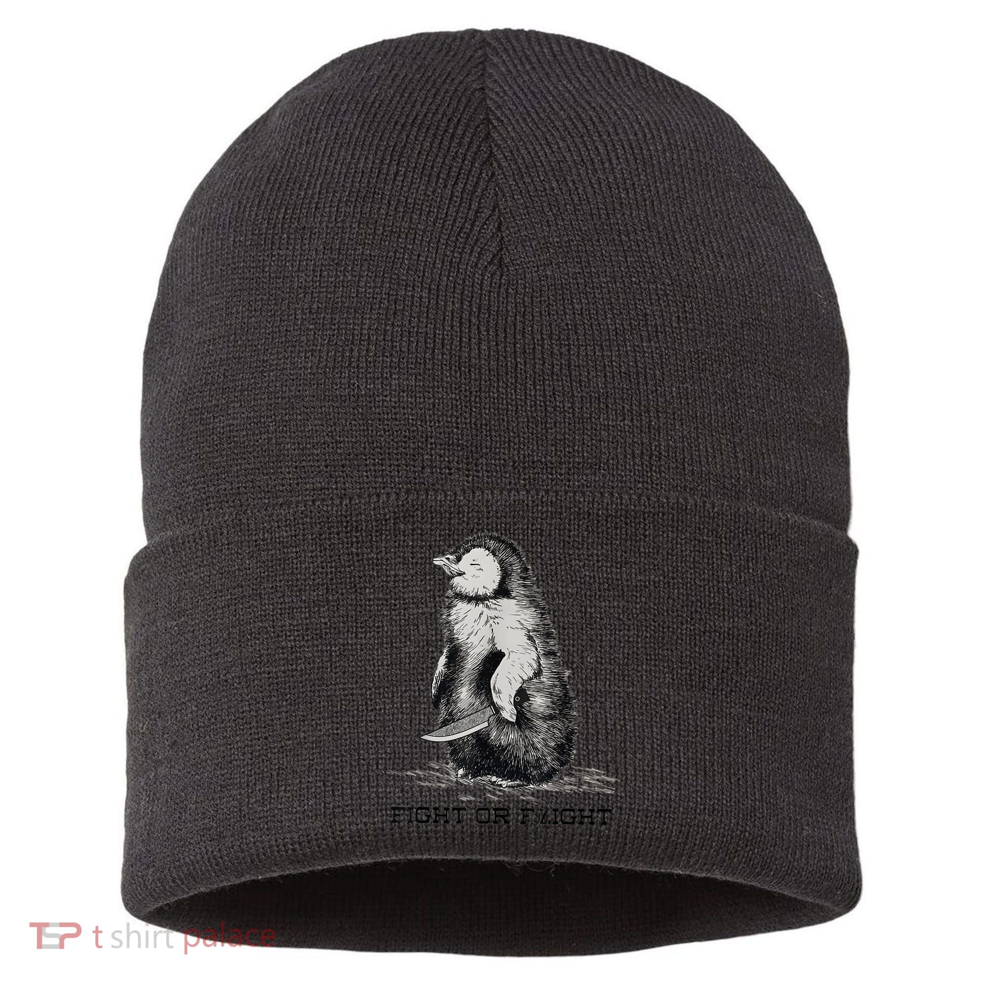 Fight Or Flight Funny Penguin Pun Meme Sustainable Knit Beanie