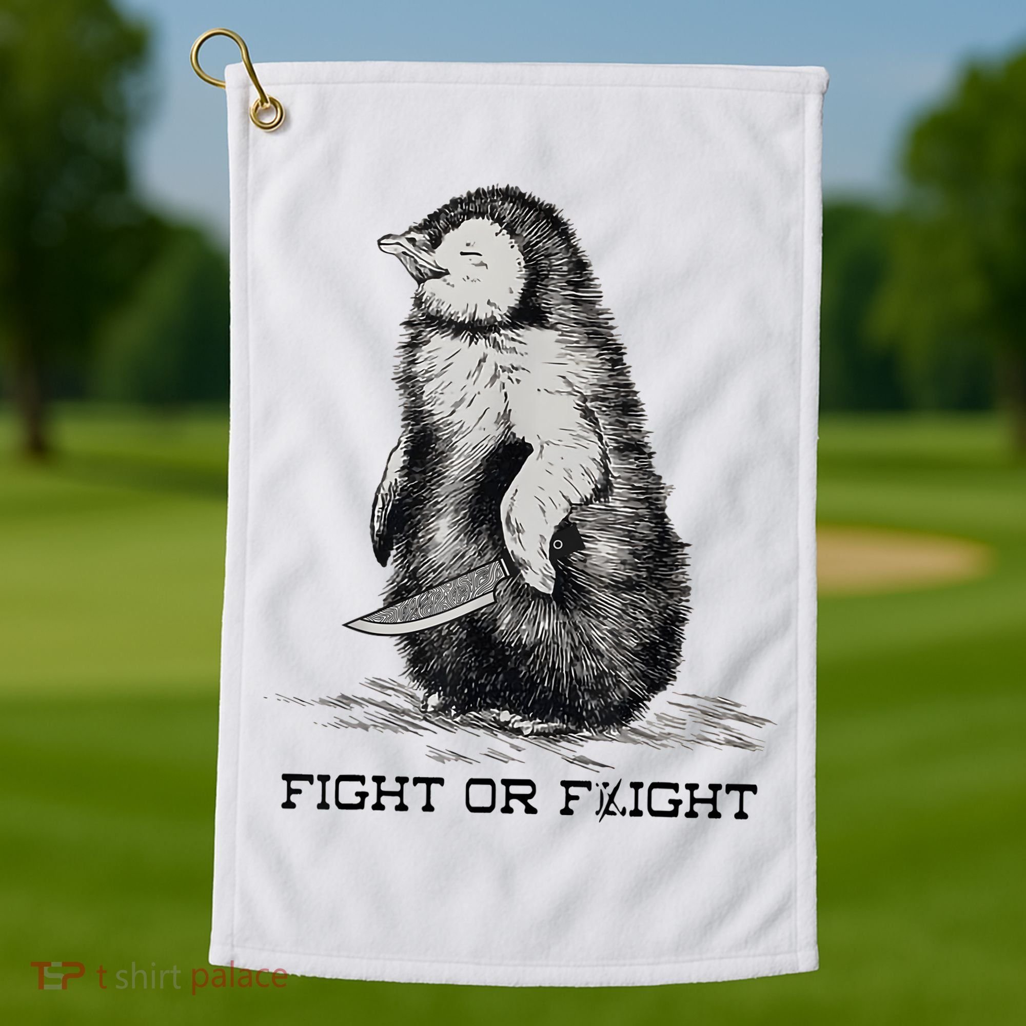 Fight Or Flight Funny Penguin Pun Meme Golf Towel