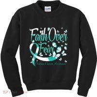 Faith Over Fear Ovarian Cancer Awareness Butterfly Kids Sweatshirt thumb 0
