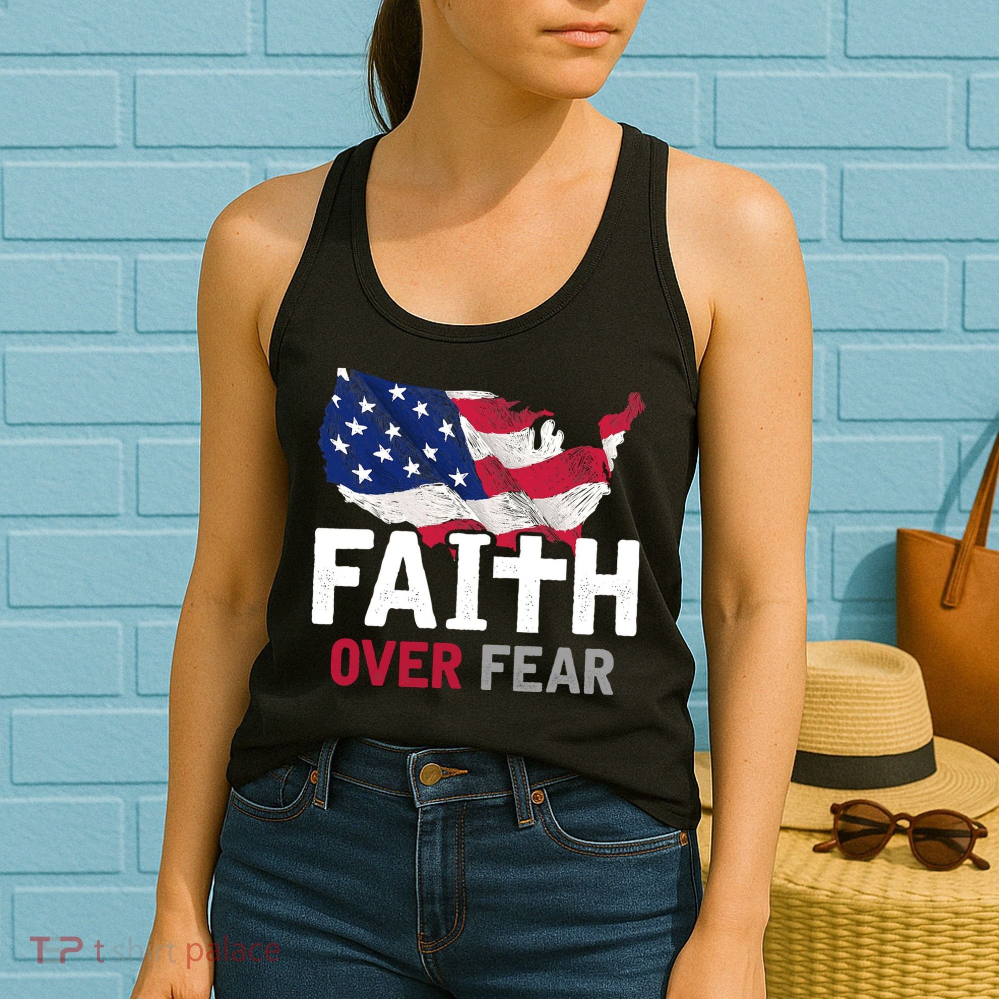 Faith Over Fear Patriotic Christian USA Flag Lord Jesus Women's Tank Top
