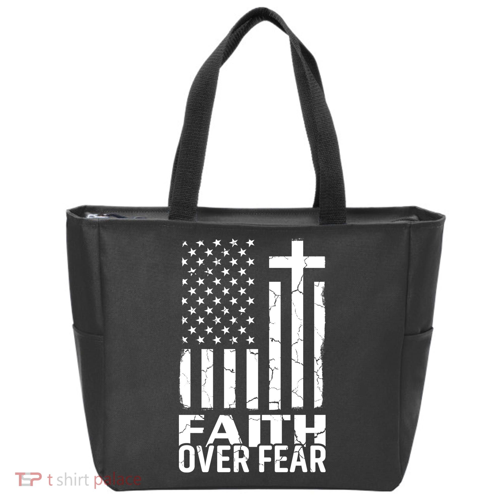 Faith Over Fear Conservative Christian US Flag Tote Bag