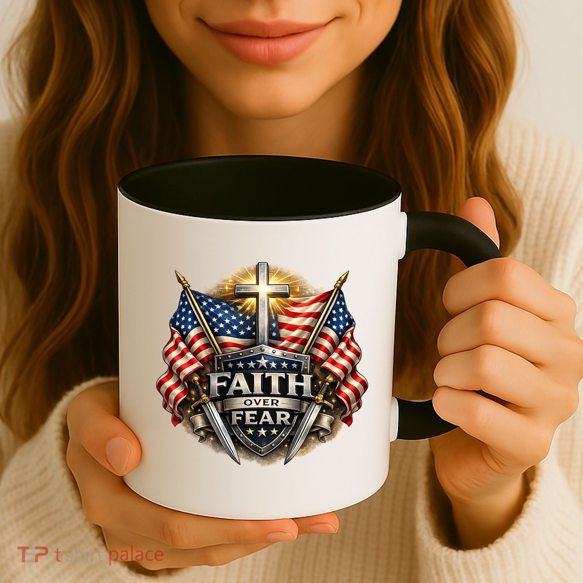 Faith Over Fear American Patriotic Cross Coffee Mug