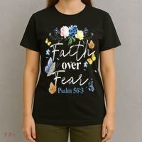 Faith Over Fear Flower Butterfly Christian Bible Verse T-Shirt thumb 4