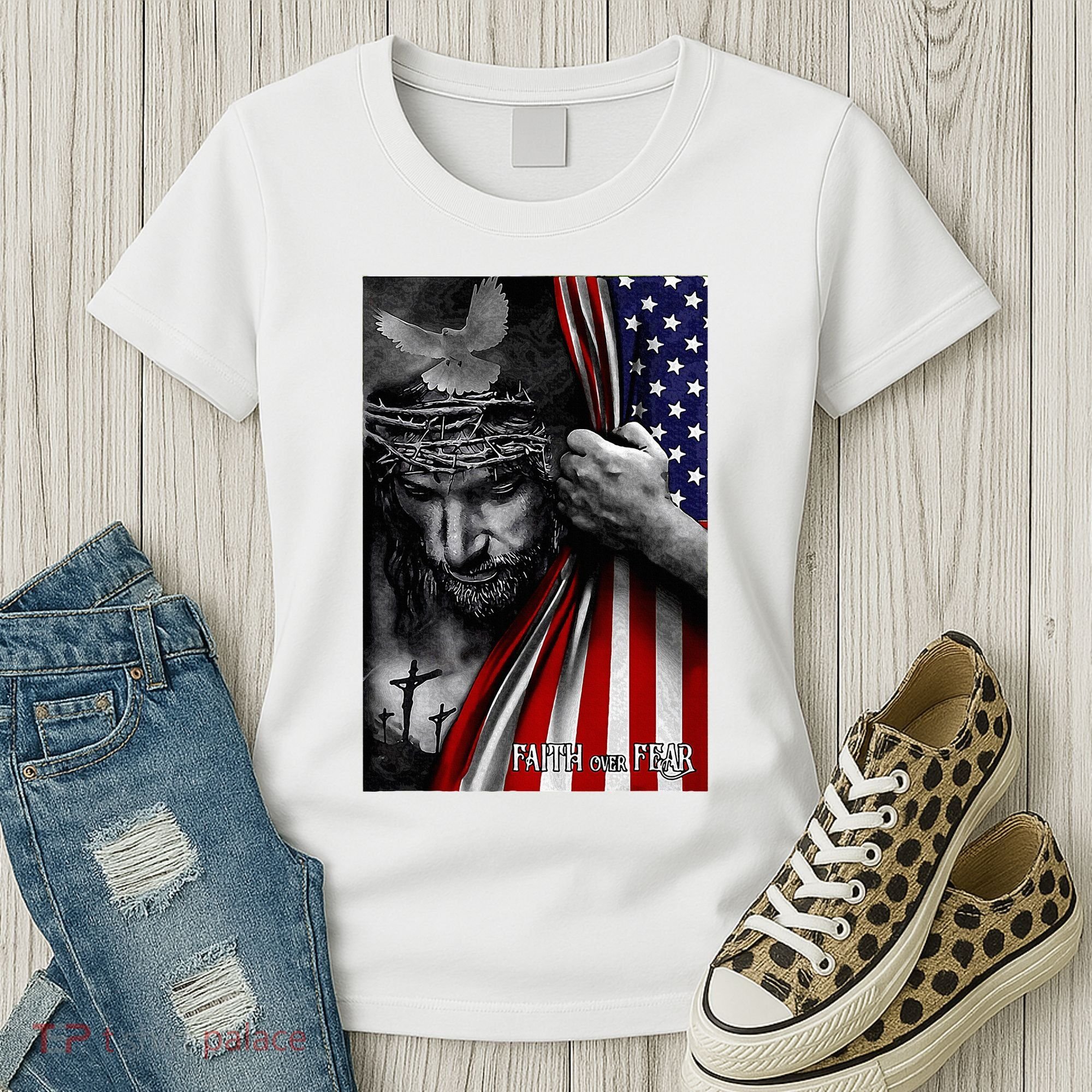 Faith Over Fear God Jesus Christian Flag Women's T-Shirt