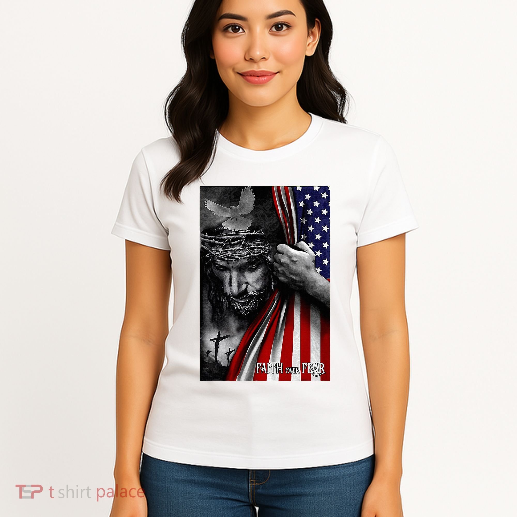 Faith Over Fear God Jesus Christian Flag Women's T-Shirt