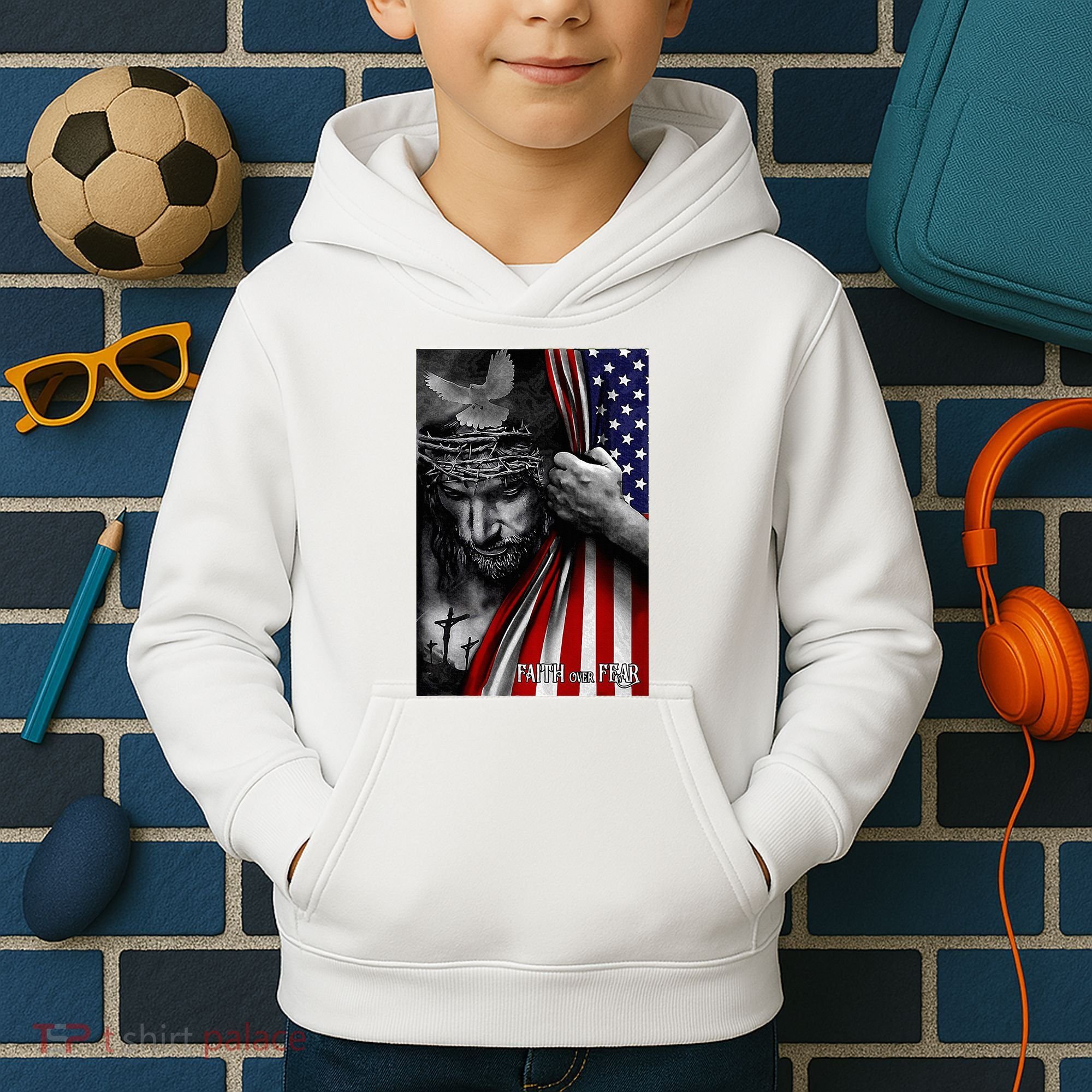 Faith Over Fear God Jesus Christian Flag Kids Hoodie