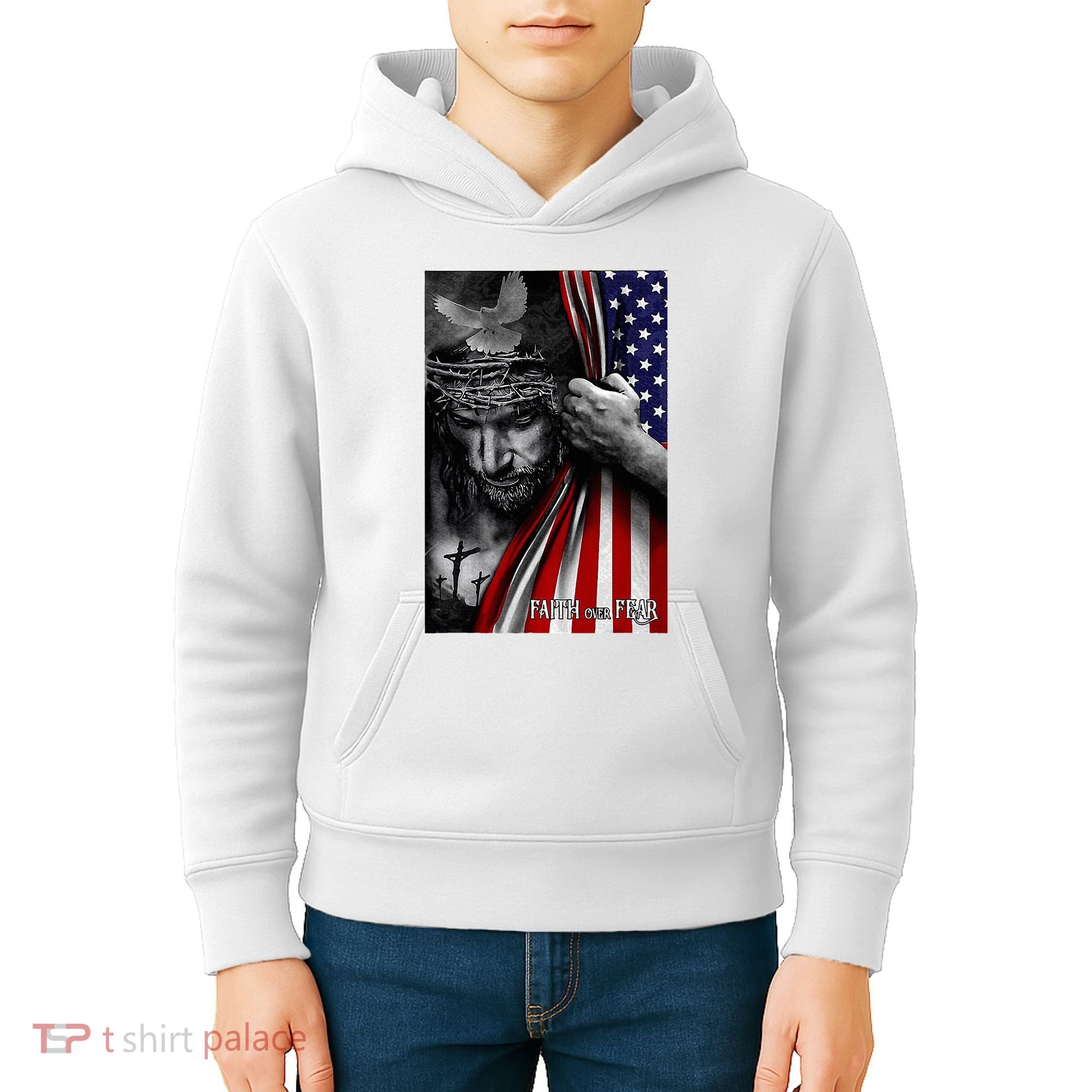 Faith Over Fear God Jesus Christian Flag Kids Hoodie