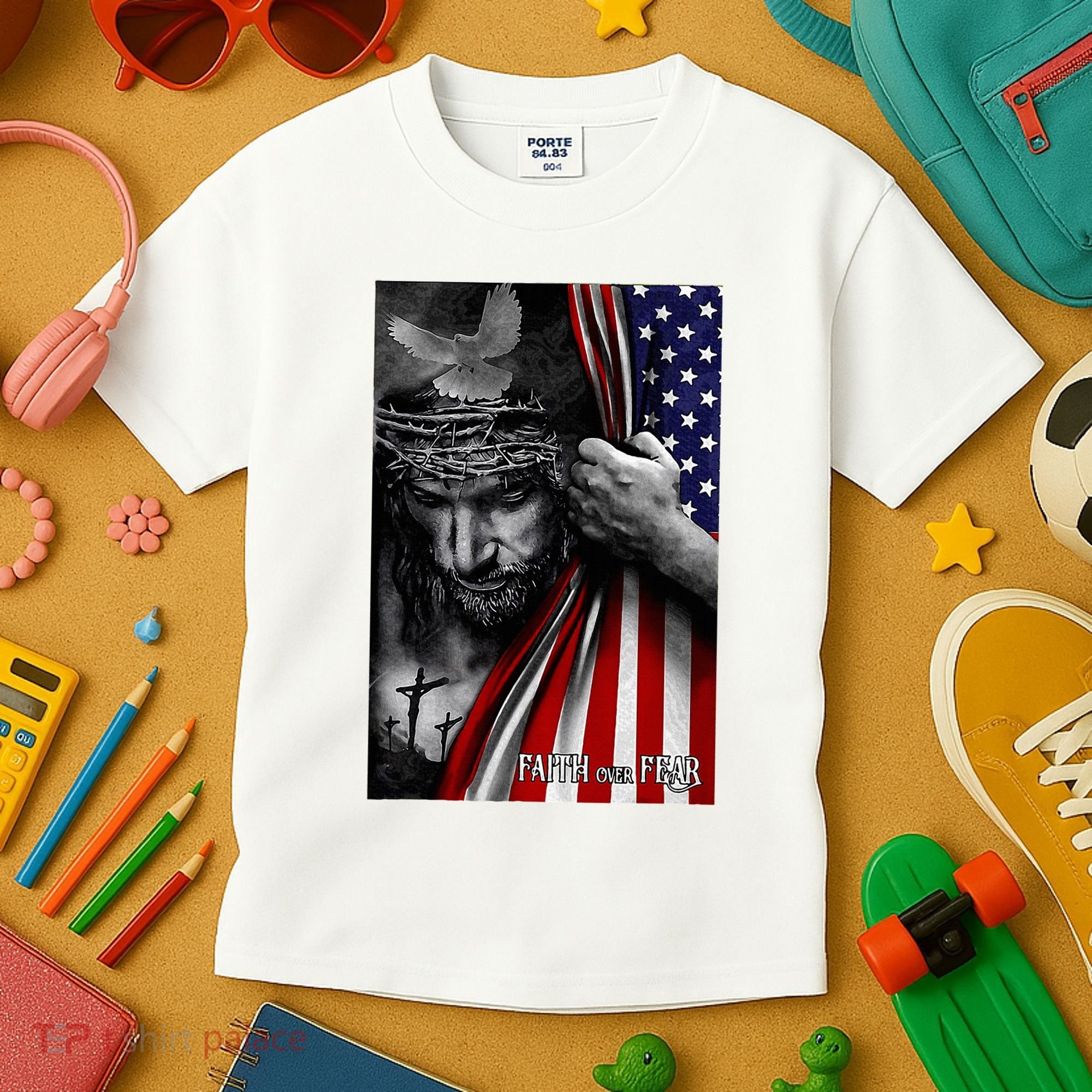 Faith Over Fear God Jesus Christian Flag Kids T-Shirt