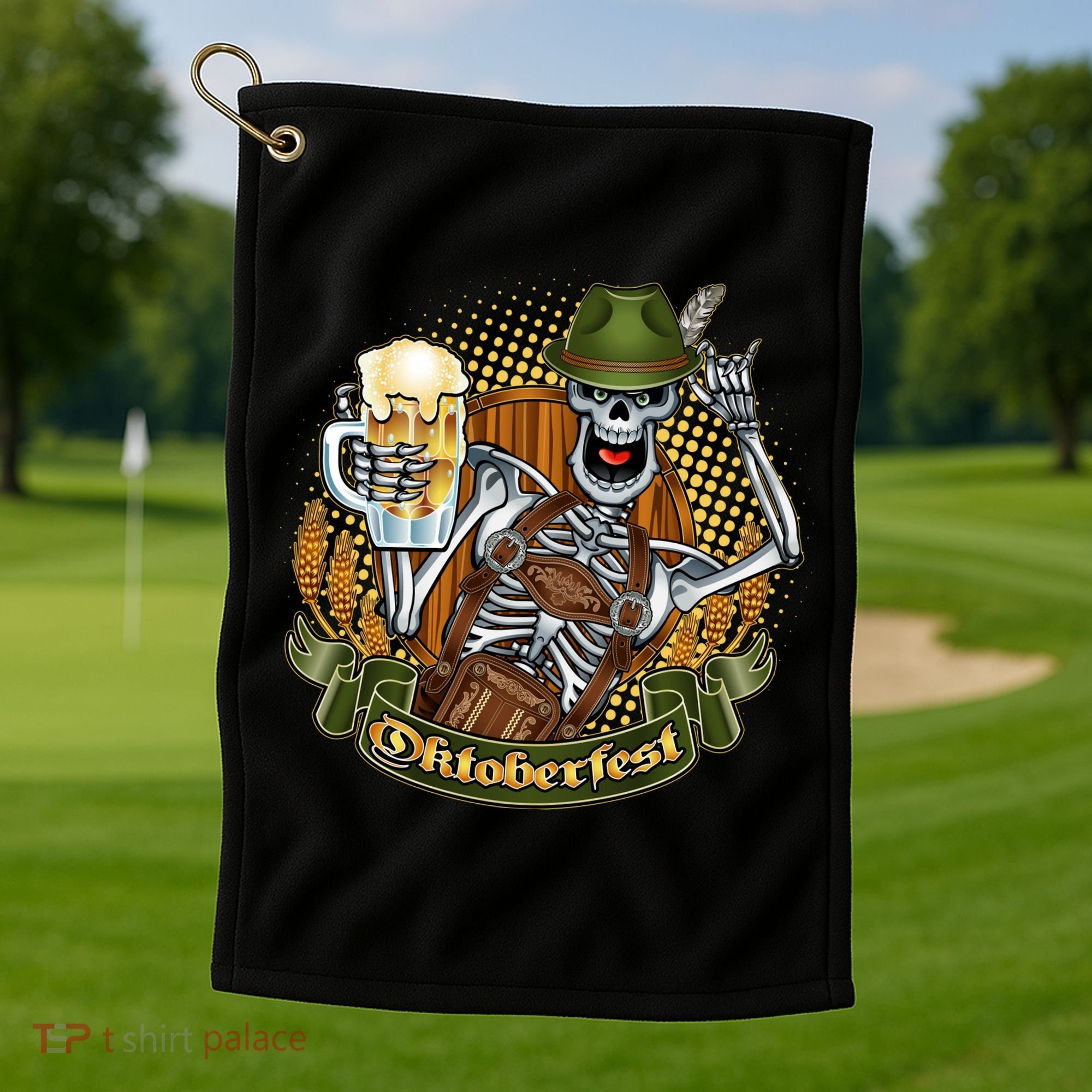 Funny Oktoberfest Halloween Skeleton Golf Towel