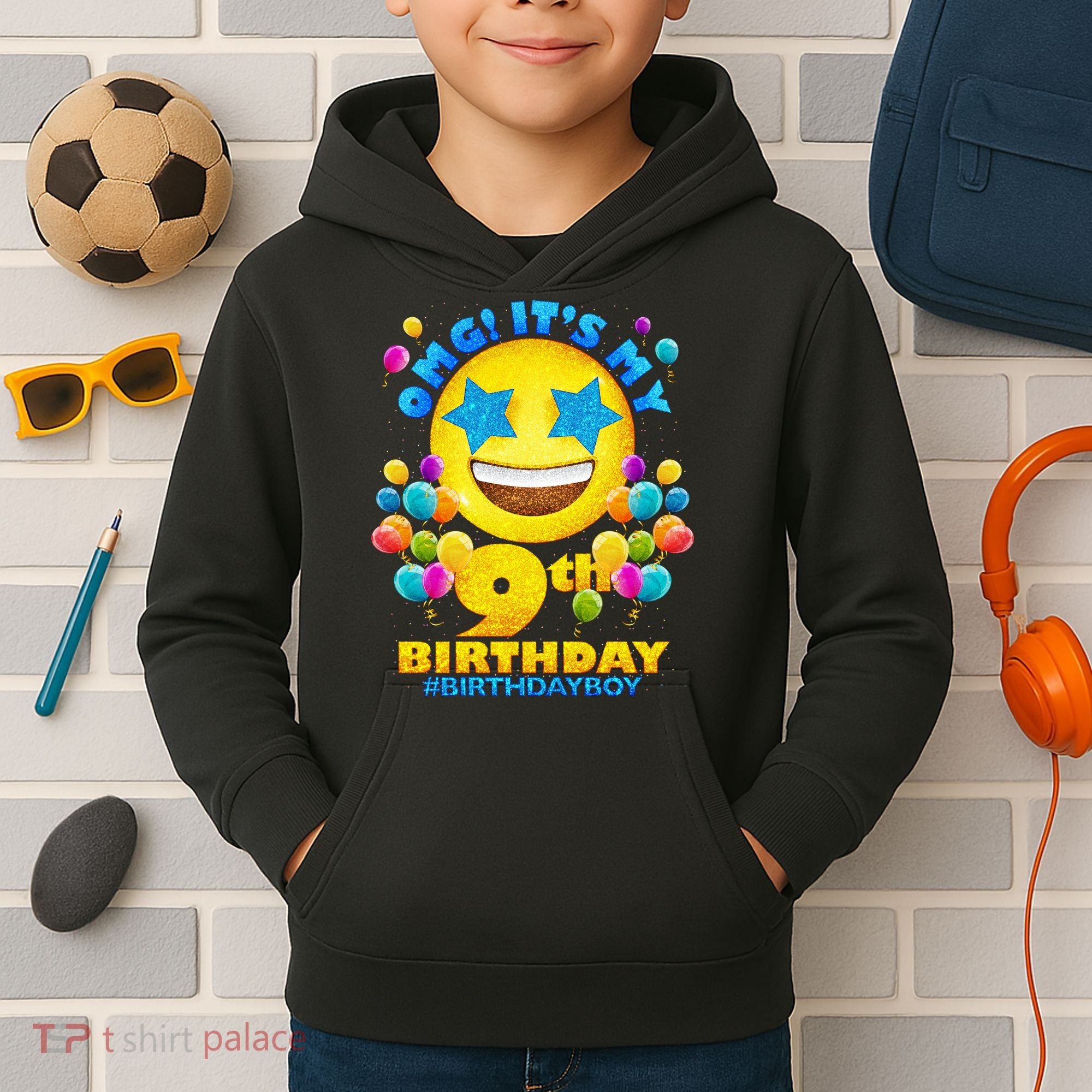 Funny OMG It's My 9th Birthday #BirthdayBoy Emoji Kids Hoodie