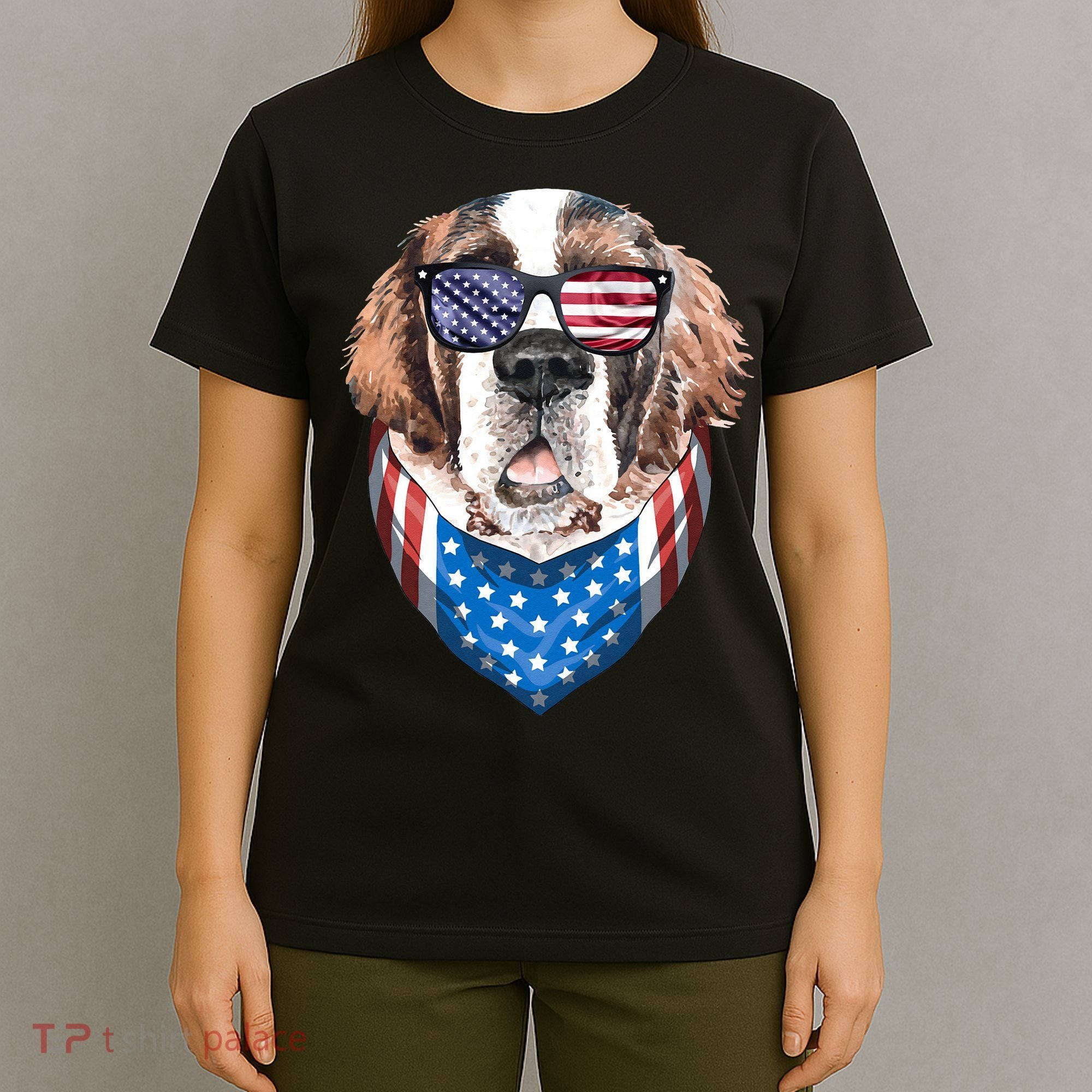 Fourth of July Bernard American Flag July 4th St Bernard Dog T-Shirt