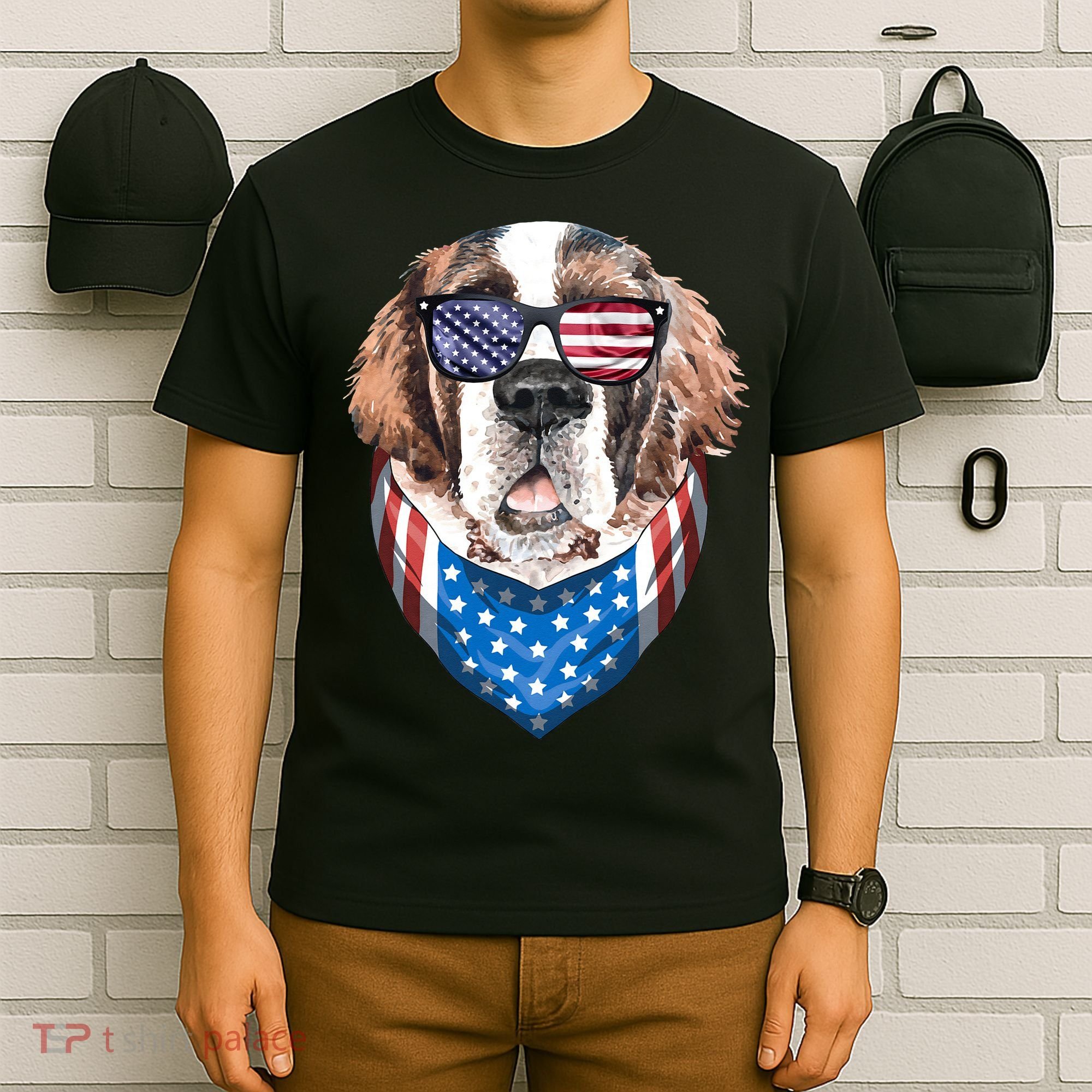 Fourth of July Bernard American Flag July 4th St Bernard Dog T-Shirt