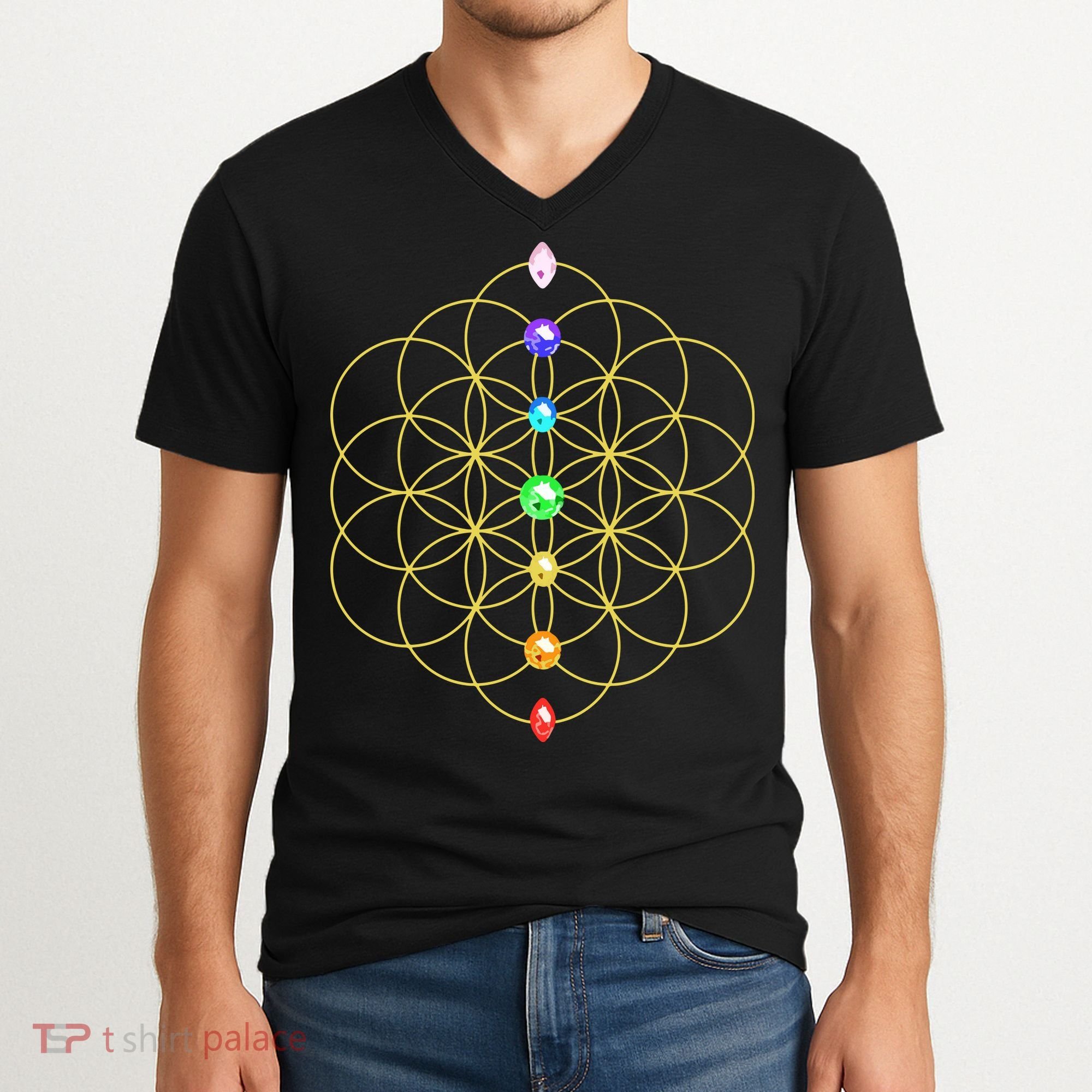 Flower Of Life 7 Chakras Sacred Geometry Yoga Meditation Hoodie V-Neck T-Shirt